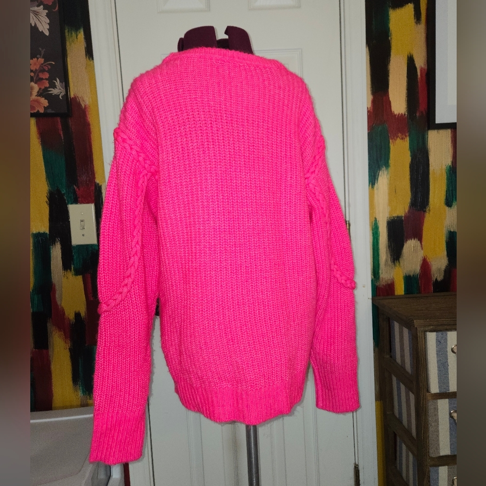 Crown & Ivy Bright Pink Chunky Oversized Knit Sweater Size Large - Picture 3 of 8